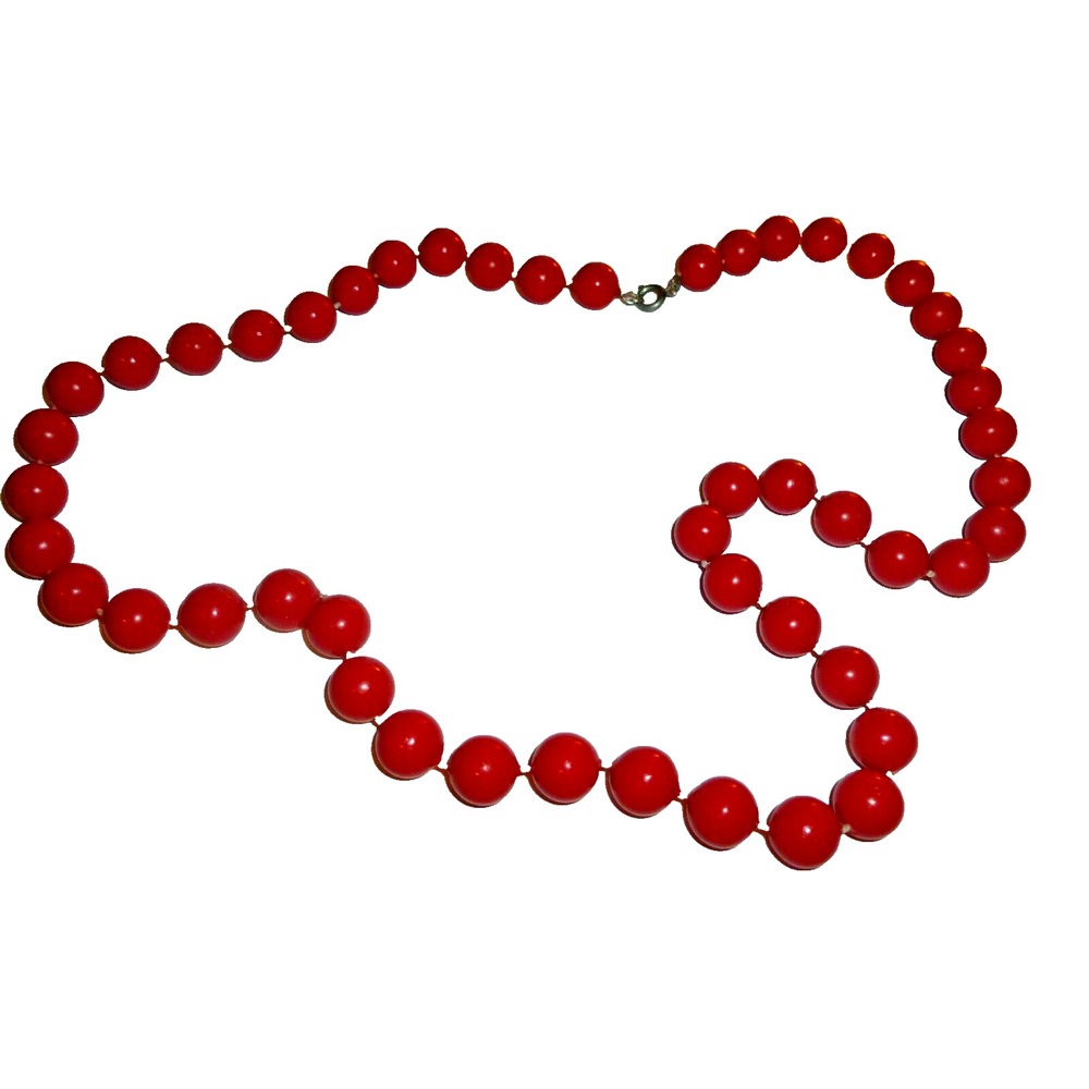 Vintage Red Bead Necklace Knotted Cherry Red Spherical Beads Spring Ring Clasp